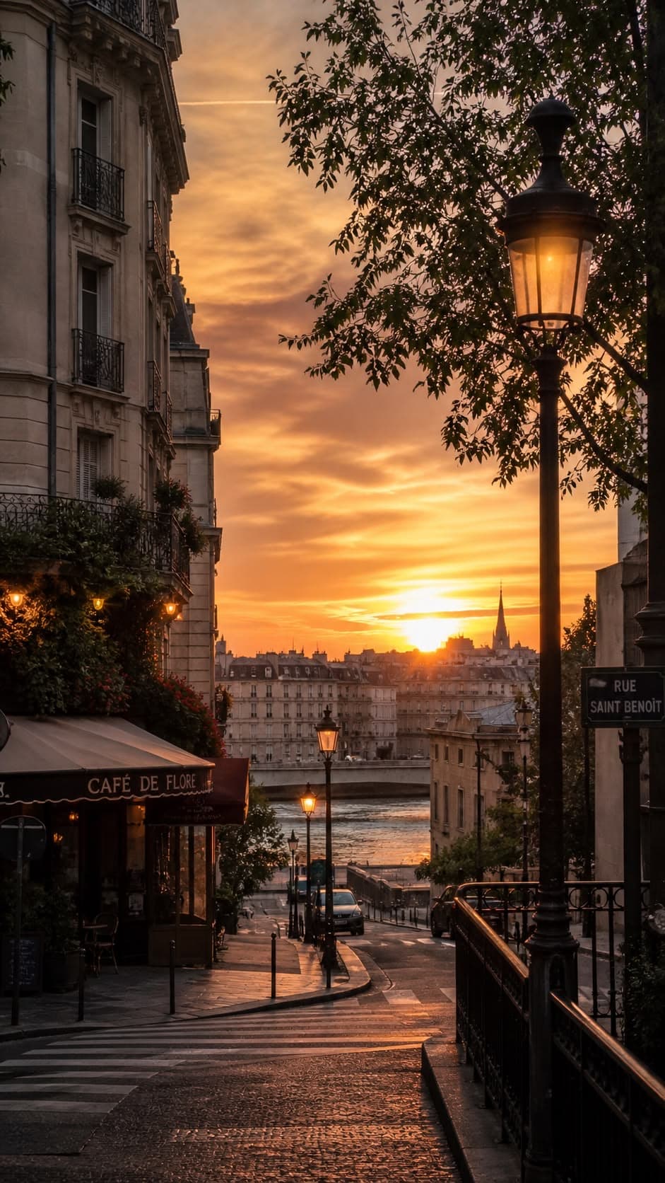 Plan vertical d'une rue au coucher du soleil