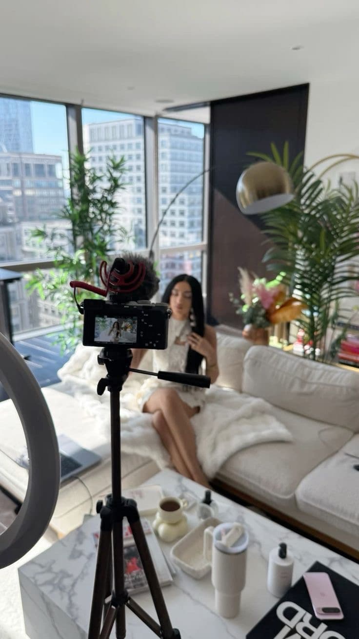 Créatrice en tournage face caméra
